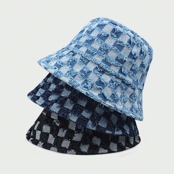 Frayed Checkered Denim Jean Bucket Hat - Picture 2 of 6